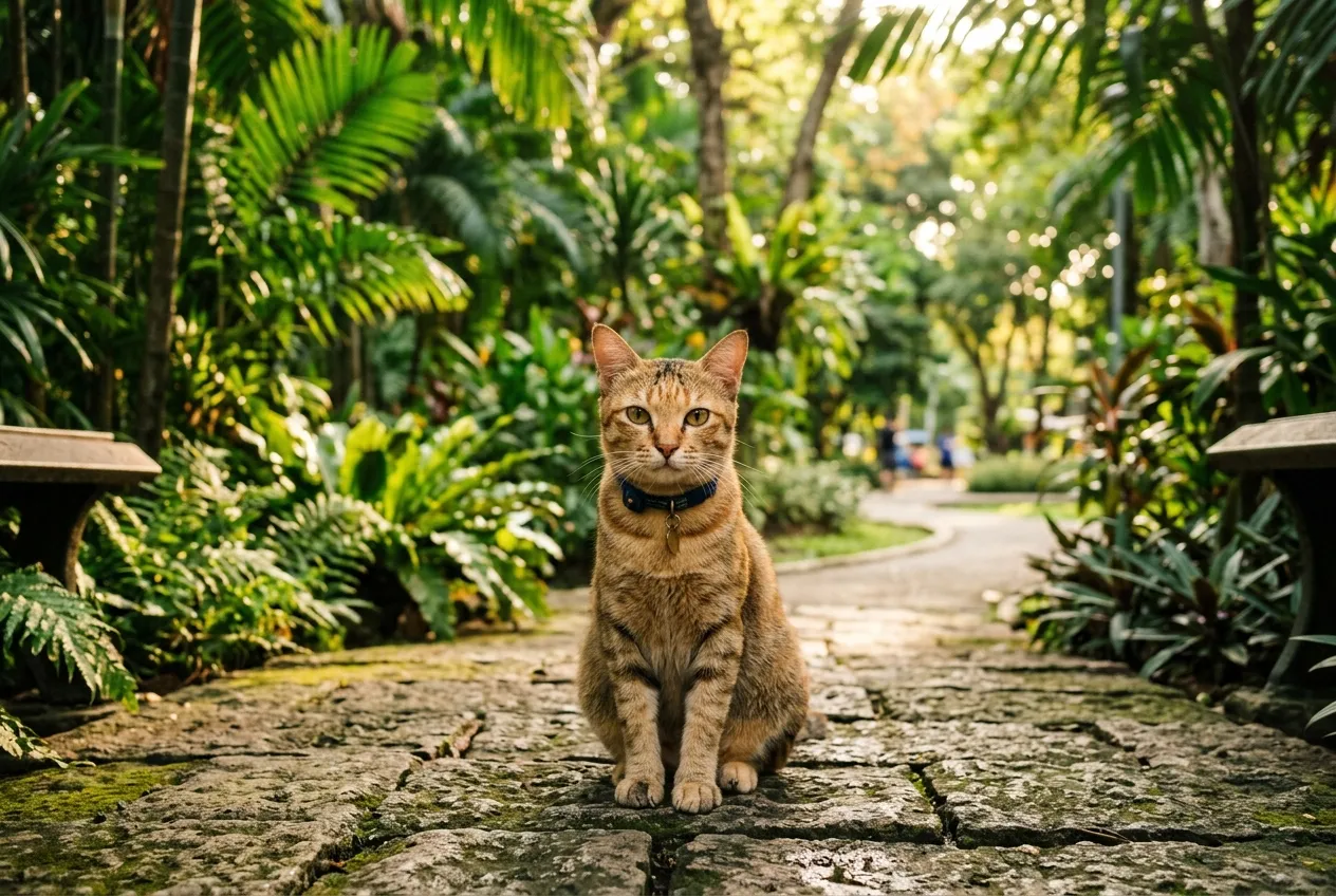แมวเจ้าถิ่นที่เป็นมิตรกำลังนอนพักผ่อนใต้ร่มไม้ในสวนลุมพินี