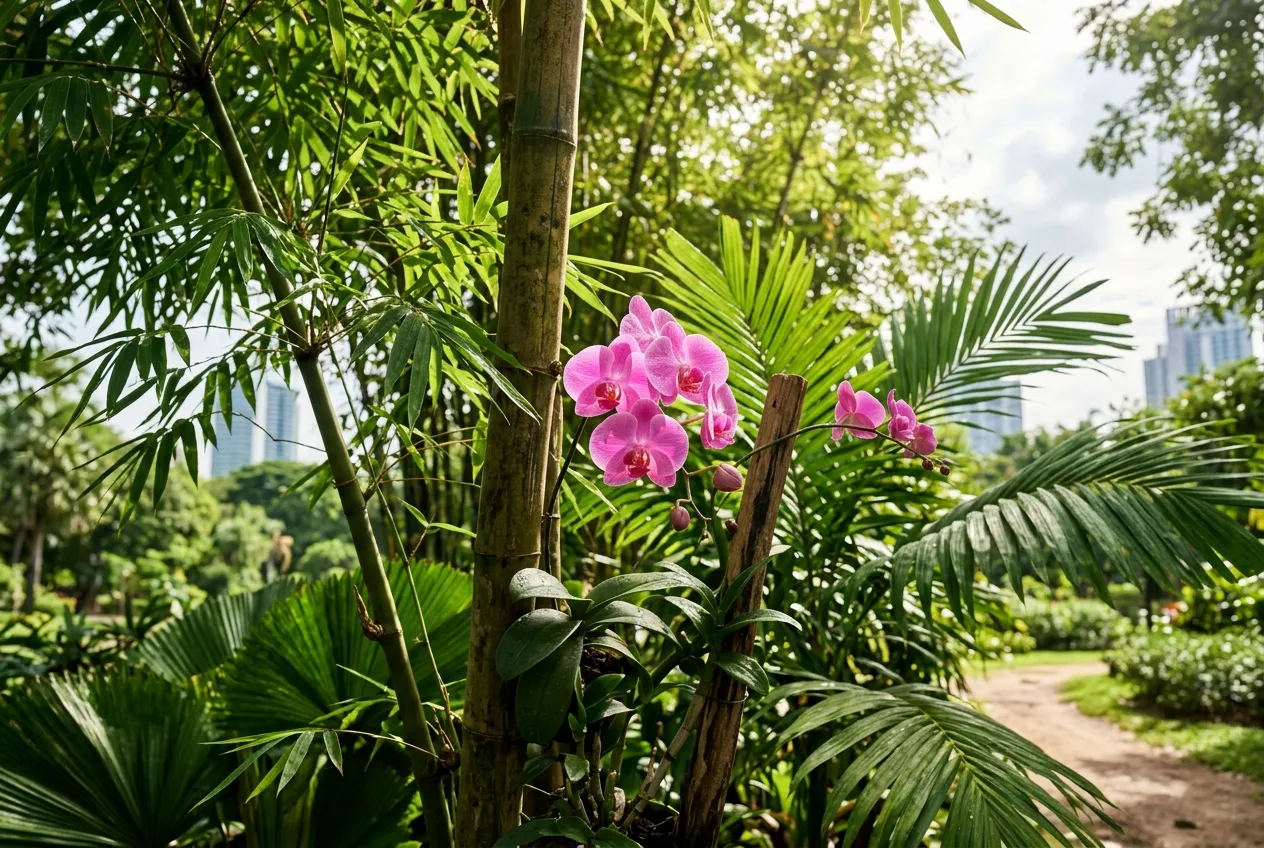 สวนดอกไม้และแมกไม้เขตร้อนที่เขียวชอุ่มและร่มรื่นในสวนลุมพินี