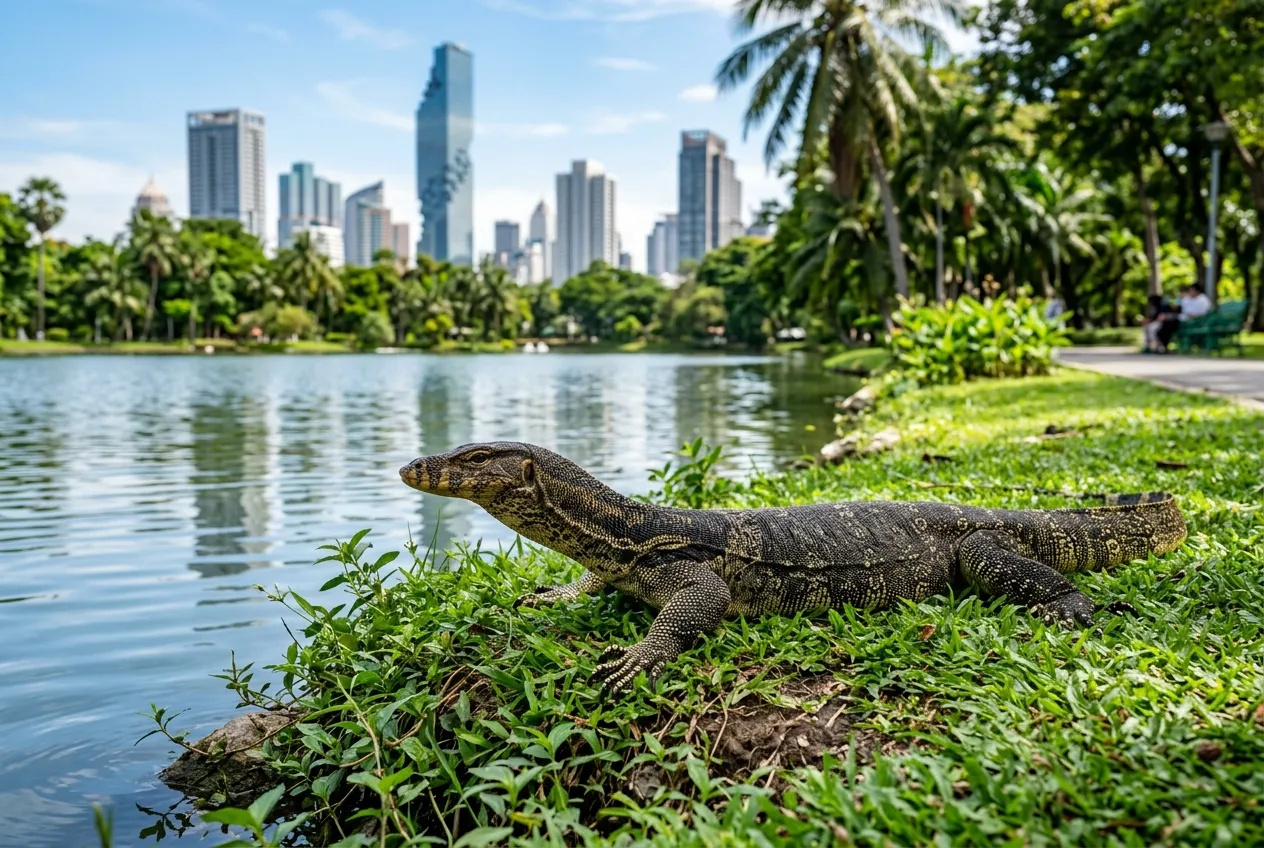 Asian water monitor lizard basking on the grass next to the lake in Lumpini Park with Bangkok skyscrapers in the background