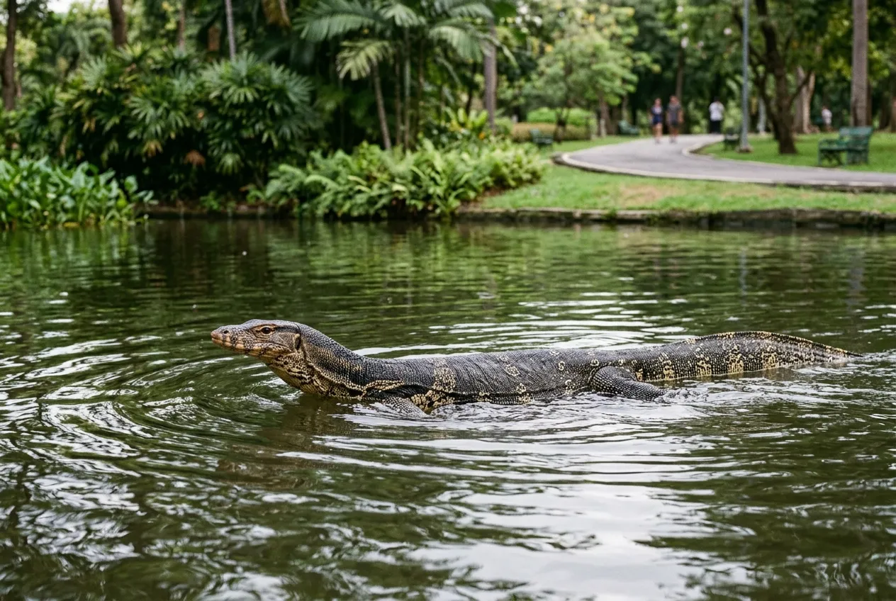Asian water monitor lizard swimming in a canal at Lumpini Park Bangkok