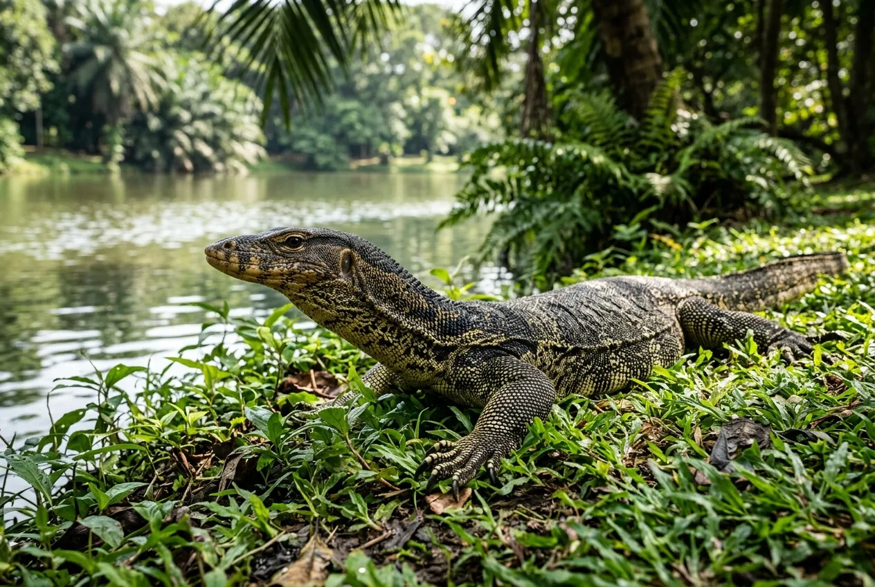 Asian water monitor lizard resting near a pond in Lumpini Park