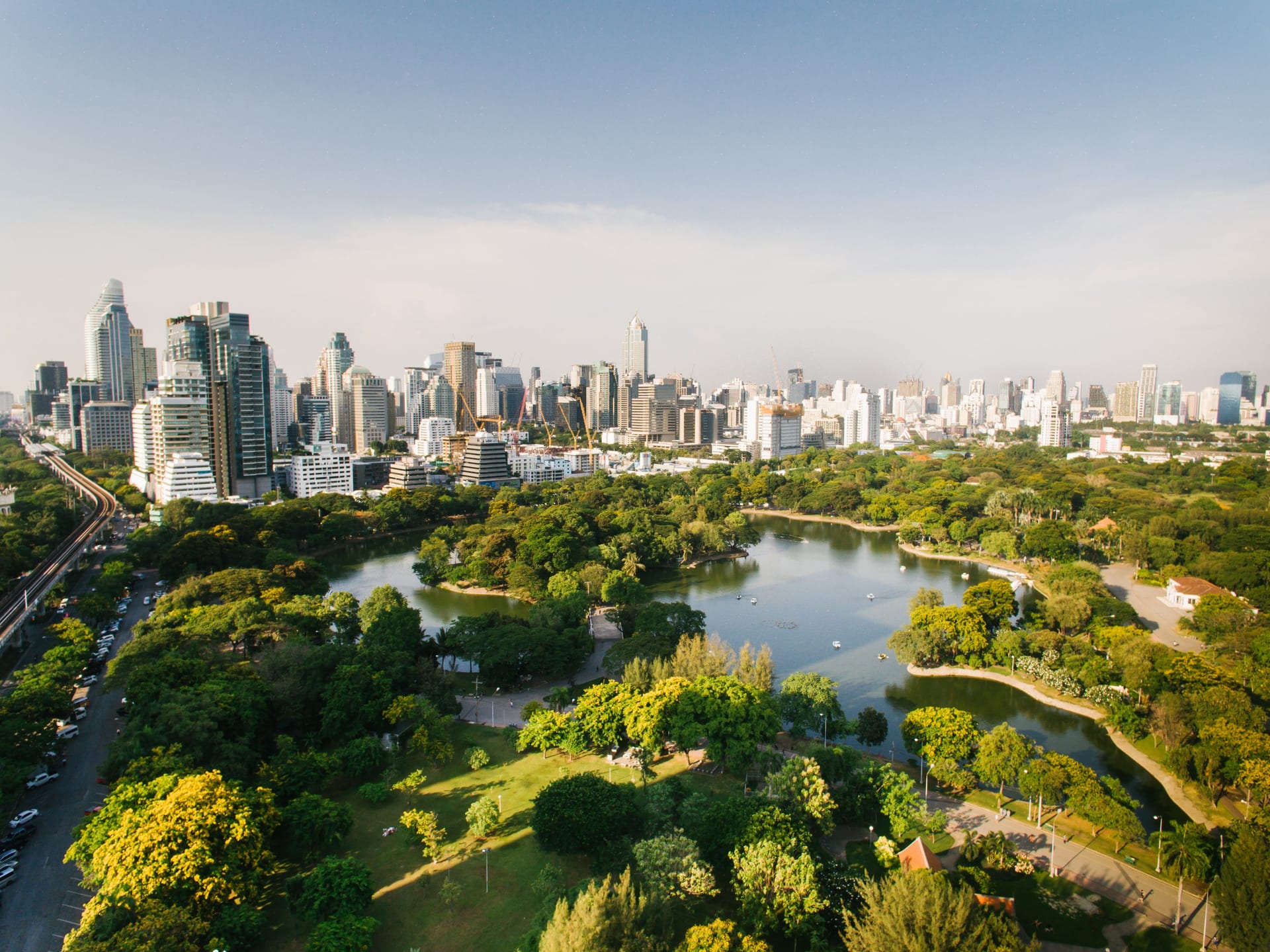 Lumpini Park aerial landscape showing lakes and skyline